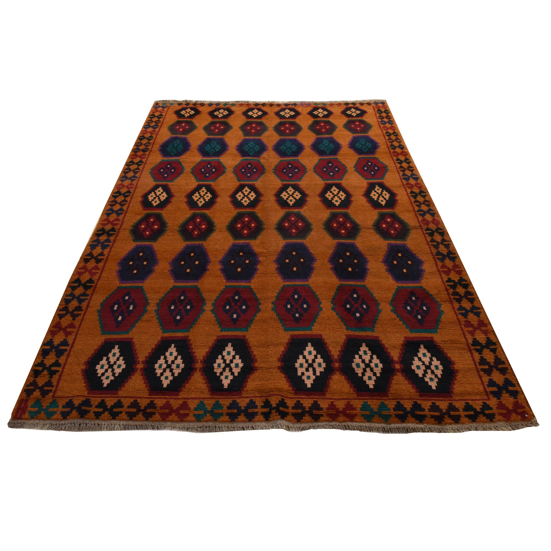 6'x7'10" Yam Orange, Colorful Afghan Baluch with Geometric Design, Hand Knotted, Pure Wool, Oriental Rug 